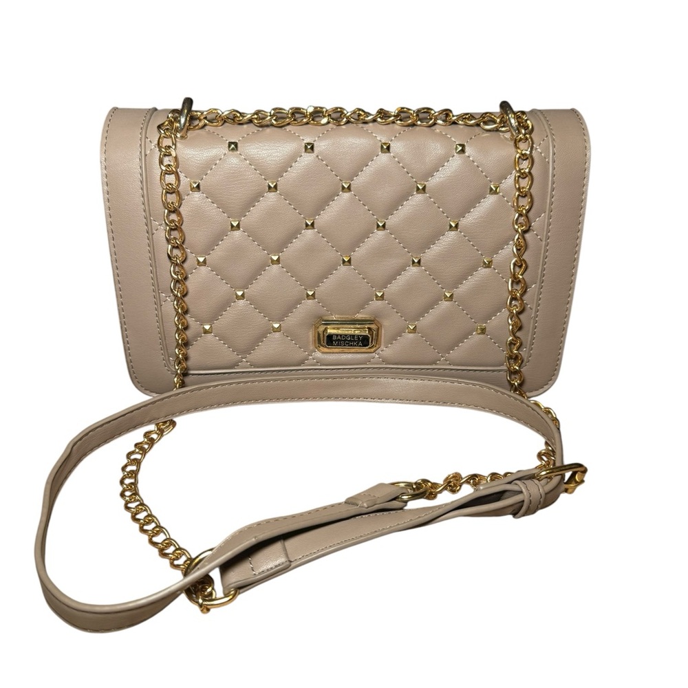 Badgley Mischka Elegant Beige Quilted Chain Shoulder Bag